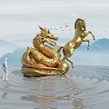 Landscape Sculpture with Golden Dragon and Horse on Rippled Water Surface with Mountain Background