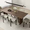 Rectangular Wooden Dining Table Set With Six Light Gray Chairs And Green Plant 3d model