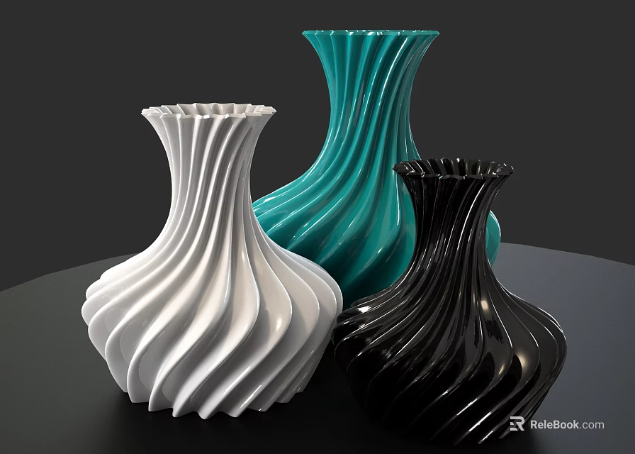 Decorative Twisted Vases in White Teal Black with Spiral Patterns on Table 3d model 