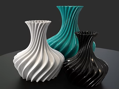 Decorative Twisted Vases in White Teal Black with Spiral Patterns on Table 3d model