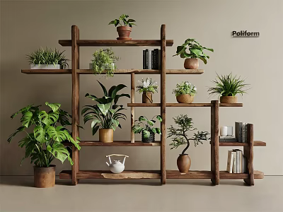 Multi tiered Wooden Flower Rack with Various Potted Plants Books and White Jug 3d model