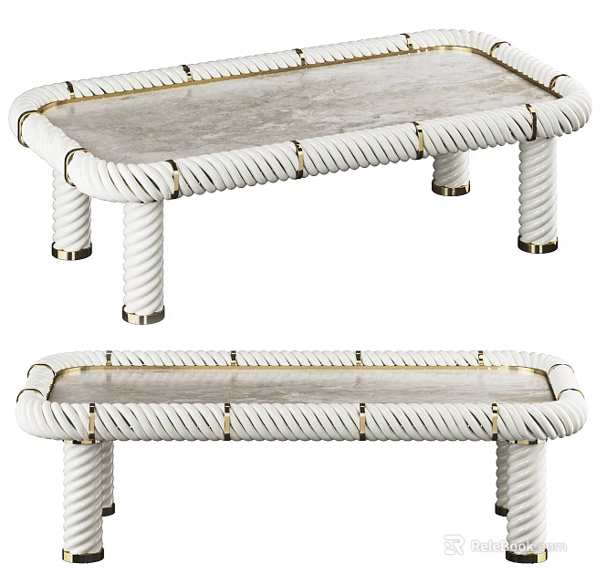 Modern White Coffee Table With Rope Design Elements And Gold Accent Legs 3d model 