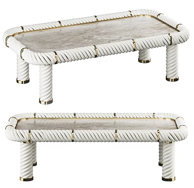 Modern White Coffee Table With Rope Design Elements And Gold Accent Legs 3d model