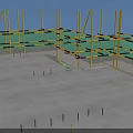 Concrete Slab Structure with Blue Support Poles and Exposed Steel Bars at Construction Site
