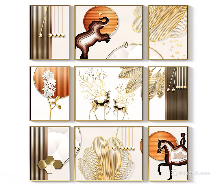 Modern Minimalist Decorative Paintings With Golden Line Deer Horse Geometric Patterns And Plant Elements 3d model 