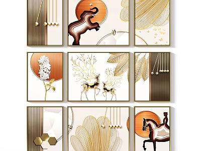 Modern Minimalist Decorative Paintings With Golden Line Deer Horse Geometric Patterns And Plant Elements 3d model