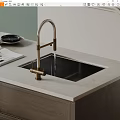 Brass Kitchen Faucet with Black Sink on Light Countertop and Magazines Modern Style