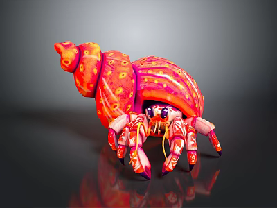 Colorful Hermit Crab With Red Orange Spiral Shell Purple Eyes And Striped Legs 3d model