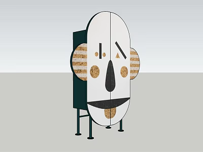 Artistic Face Inspired Wardrobe Design With Striped Panels Wooden Accents And Black Legs 3d model