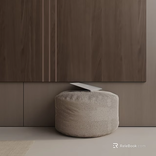 Round Beige Fuzzy Side Table With Laptop On Wooden Wall Background 3d model 