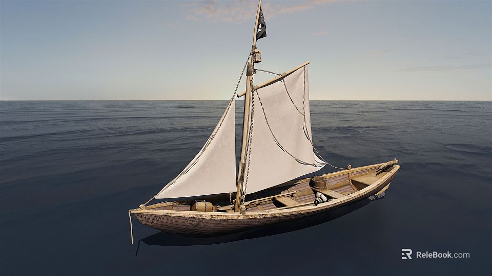 Wooden Boat With White Sail Sailing On Open Blue Ocean Under Clear Sky 3d model 