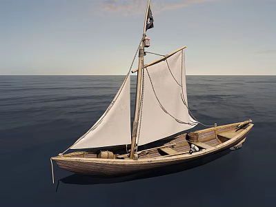 Wooden Boat With White Sail Sailing On Open Blue Ocean Under Clear Sky 3d model