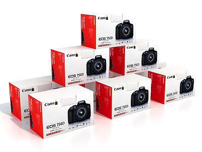 Multiple Canon EOS 750D Camera Boxes Stacked in Retail Display Setup 3d model