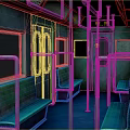 Subway Car Interior with Blue Green Tones Seats Handrails Windows and Doors