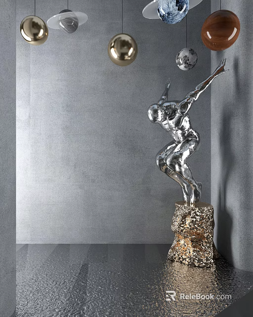 Silver Leaping Human Sculpture with Gold Base Against Gray Wall Background 3d model
