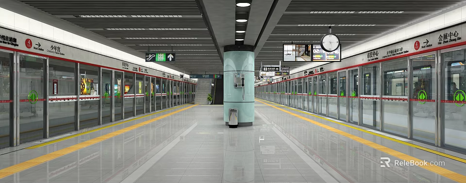 Modern Subway Station Platform With Glass Door Trains Yellow Safety Lines Central Column And Clock 3d model 