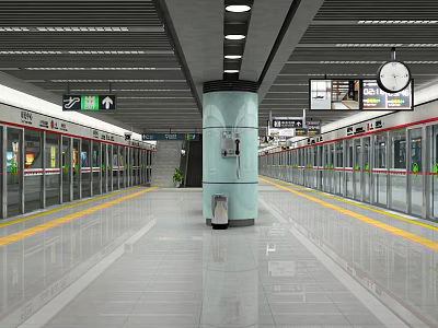 Modern Subway Station Platform With Glass Door Trains Yellow Safety Lines Central Column And Clock 3d model