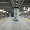 Modern Subway Station Platform With Glass Door Trains Yellow Safety Lines Central Column And Clock