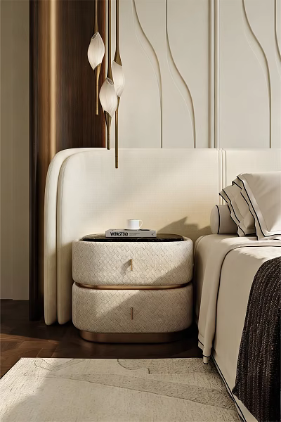 Modern Cream Colored Bedside Table with Drawers Books and Cup Next to Bed with Pillows 3d model