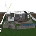 Modern Detached Villa Exterior With Large Glass Windows And Palm Trees