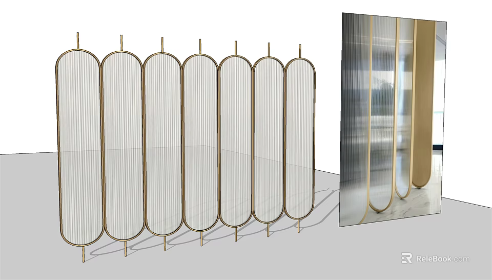 Elegant Modern Room Divider Design With Gold Metal Frame And Arched Glass Stripes 3d model 