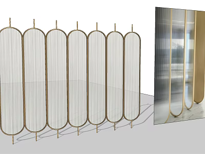 Elegant Modern Room Divider Design With Gold Metal Frame And Arched Glass Stripes 3d model