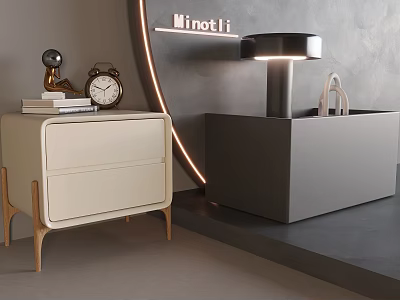 Beige Modern Nightstand With Two Drawers Wooden Legs Books Alarm Clock And Table Lamp 3d model