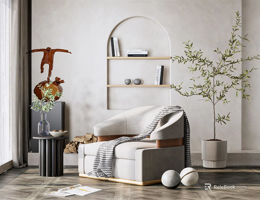 Light Gray Single Sofa with Throw Blanket Side Table Olive Tree Plant and Shelf Books 3d model 