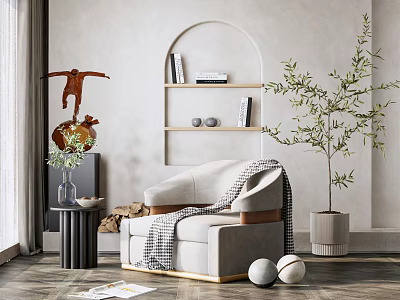Light Gray Single Sofa with Throw Blanket Side Table Olive Tree Plant and Shelf Books 3d model