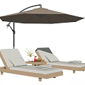 Comfortable Wooden Lounge Chairs With White Cushions Side Table Flower Vase Fruits And Umbrella