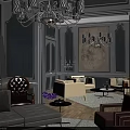 Elegant Grey Open Plan Living And Dining Room With Luxury Chandeliers And Comfortable Sofas