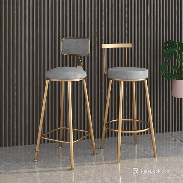 Modern Luxury Bar Stools with Golden Metal Legs and Gray Padded Seats in Contemporary Interior 3d model 