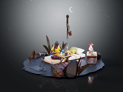 Cozy Garden Landscape With Plants Stones Puddles And Moonlit Night Scene 3d model