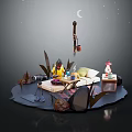 Cozy Garden Landscape With Plants Stones Puddles And Moonlit Night Scene