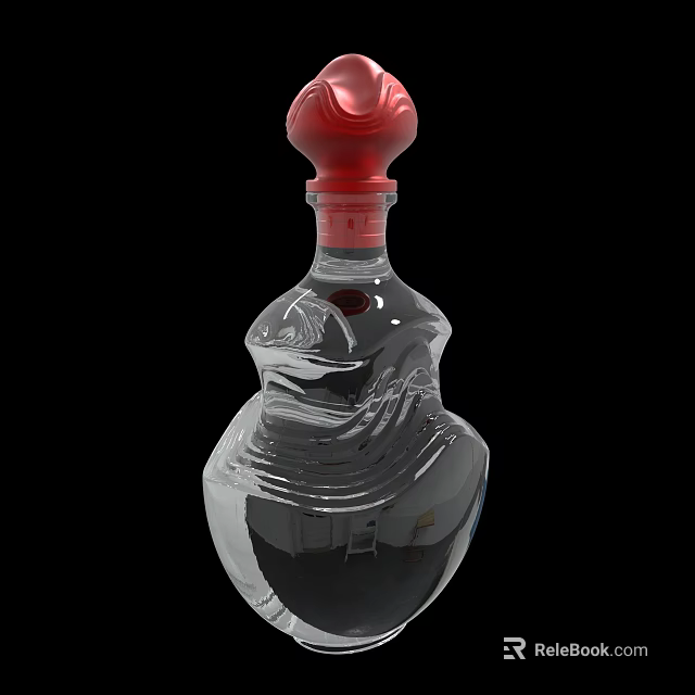 Decorative Transparent Glass Bottle With Red Cap And Intricate Carved Patterns 3d model 