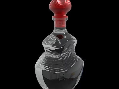Decorative Transparent Glass Bottle With Red Cap And Intricate Carved Patterns 3d model