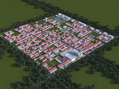 Aerial View Planning of Red Roof Building Complex with Organized Layout and Green Surroundings 3d model