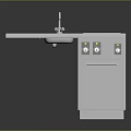 Stainless Steel Kitchen Cabinet Unit With Sink Faucet Cooktop Burners Control Knobs And Cabinet Door