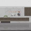 Modern Company Reception Area With Wooden Desk Marble Wall Green Plant And Staff Member