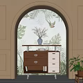Elegant Brown Entryway Side Cabinet With Drawers Doors Decorative Items And Plant Pattern Wallpaper