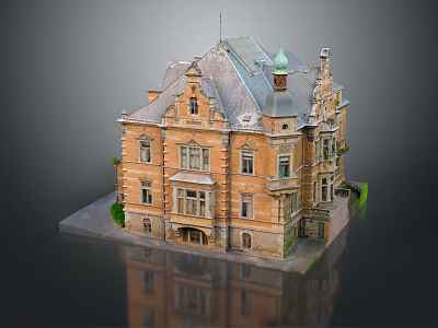 European Style Detached Villa With Steep Roof Tower And Ornate Brick Stone Exterior 3d model
