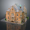 European Style Detached Villa With Steep Roof Tower And Ornate Brick Stone Exterior