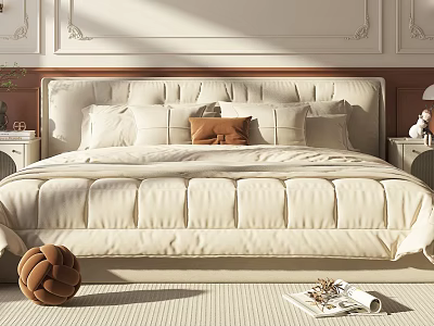 Double Bed With Upholstered Headboard Cream Bedspread Decorative Pillows And Bedside Tables 3d model