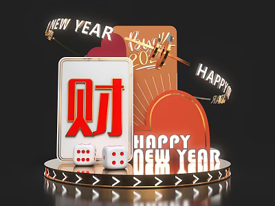 New Year Decoration With Fortune Character 2024 Dice Golden Red Elements And Happy New Year 3d model