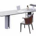 Modern Office Desk With Laptop Desk Lamp Bottle Chair Light Surface And Unique Leg Design