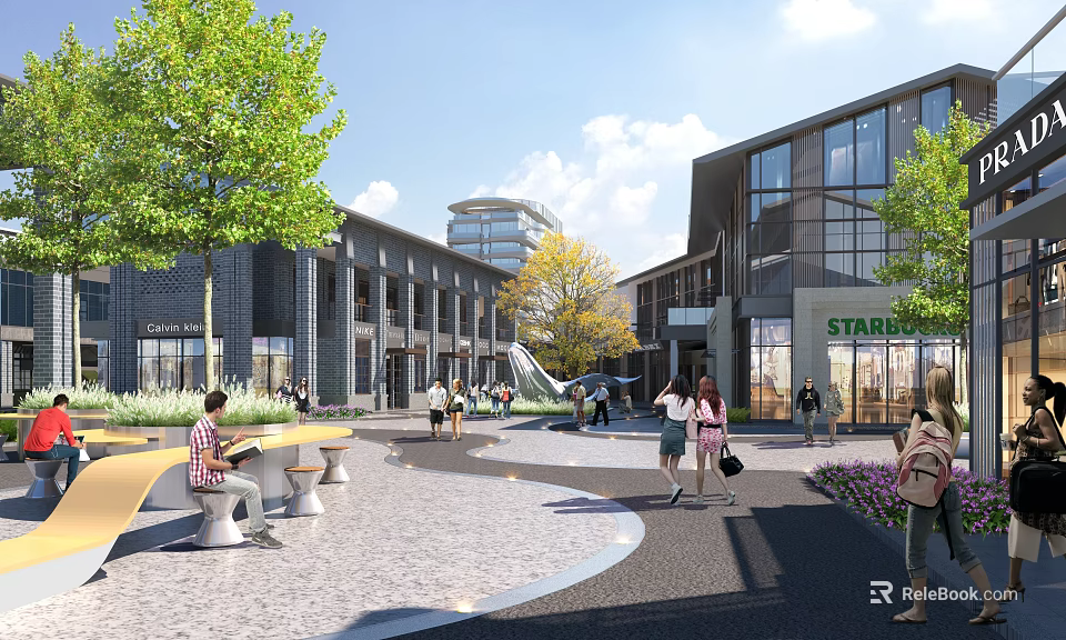 Vibrant Commercial Street With Pedestrians Green Trees Seating Areas And Modern Shops 3d model 