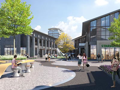 Vibrant Commercial Street With Pedestrians Green Trees Seating Areas And Modern Shops 3d model
