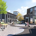 Vibrant Commercial Street With Pedestrians Green Trees Seating Areas And Modern Shops