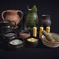 Traditional Household Items With Clay Jugs Ceramic Bowls Spices Yellow Candles And Mortar Pestle