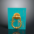 Decorative Gold Door Knocker On Turquoise Textured Background With Shiny Metallic Finish